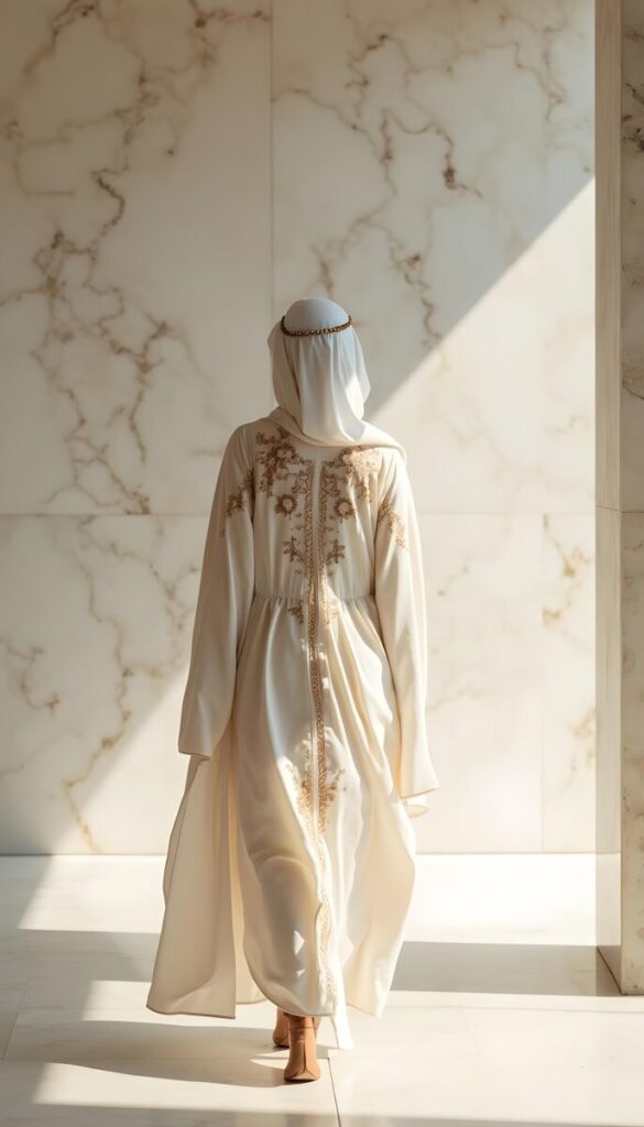 The Story Behind the NOOR Collection A woman in a white dress walking down a hall